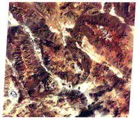 False color TM image in the late Fall of mountain ranges in Southeastern California and Nevada.