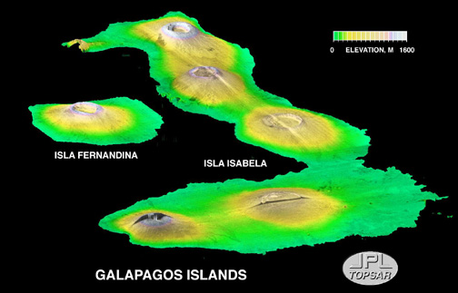Colored SIR-C oblique perspective view of a group of volcanic calderas on two of the Galapagos Islands.