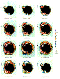 Time series of maps plotting the percentage of ice cover around Antarctica on a monthly basis in 1974, taken by the ESMR on Nimbus-5.