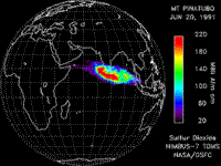 Colored Nimbus-7/TOMS image monitoring the sulfur-dioxide in the atmosphere during the Mt. Pinatubo eruption on June 20, 1991.