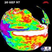 Colorized TOPEX/Poseidon image showing the onset of marine warming, September 20 1997.