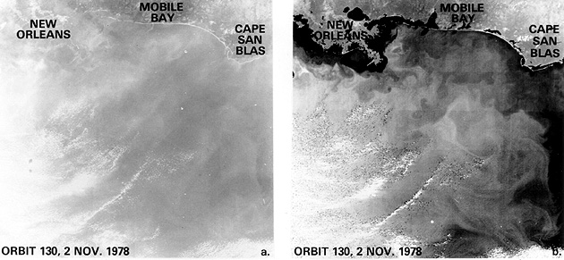 B/W Nimbus-4 images (visible and thermal infrared) of the Gulf of Mexico, November 2 1978.