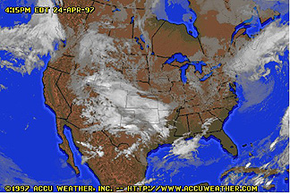 NEXRAD Doppler radar image of U.S. cloud patterns.