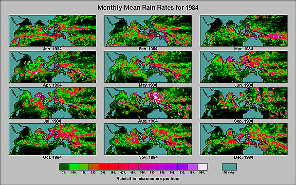 Monthly mean rain rates over the Indian Ocean and South Asia for 1984, taken by the SMMR on Nimbus-7.
