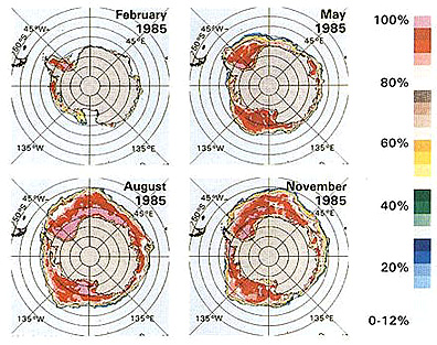 Time series of ice in the Antarctic shelf over several months, taken by the SMMR in 1985.
