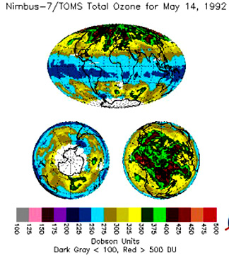 Total global ozone map taken by Nimbus-7/TOMS on May 14, 1992.