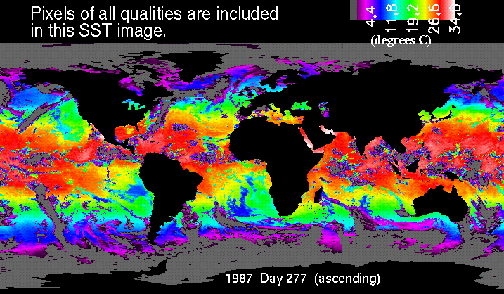 Colorized global Sea Surface Temperature map, September 1987.