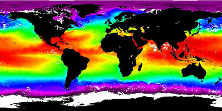 Colorized global Sea Surface Temperature map for July, 1993, taken from NOAA AVHHR data.