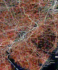 Illustration showin an application of the ZTS - projecting a standard map onto a false color composite Landsat image showing Philadelphia, Pennsylvania, and Trenton, New Jersey.