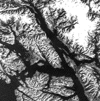 B/W satellite image of the Coast Ranges along the Pacific Ocean in the region where the Alaska Panhandle extends past Canada.