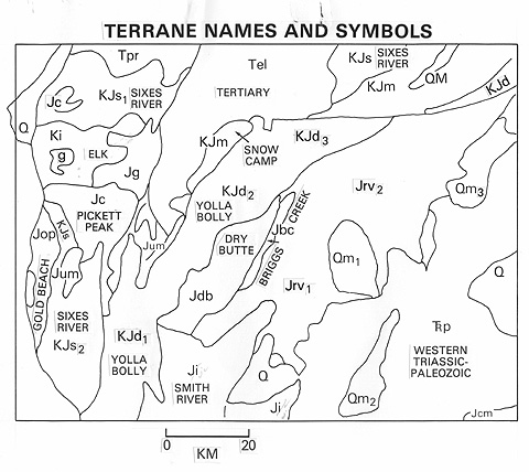 Terrane names and symbols map of the Oregon Klamath Mountains.