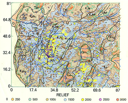 Relief relative to terranes map of the Klamath Mountains.