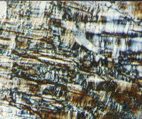 Color photomicrograph of feldspar within a granite at the Carswell Lake (Canada) impact structure.