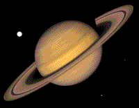 Colorized Voyager image of Saturn and it's rings.