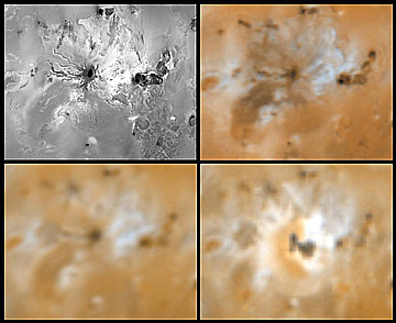 Series of images, from Voyager to Galileo, showing the changing shape of the volcanic complex known as Ra Patera.