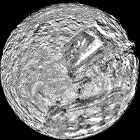 B/W Voyager 2 mosaic full-view image of Miranda, a satellite of Uranus.