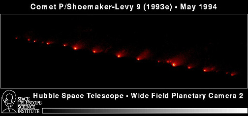 Hubble Wide Field Planetary Camera 2 image of Comet Shoemaker-Levy 9, May 1994.