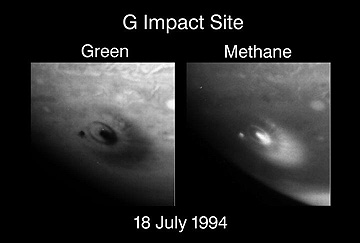 B/W Hubble image pair showing the G impact scar through green and methane-based filters.