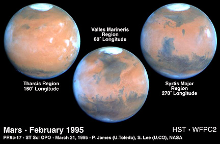 Hubble illustration showing three hemispherical views of Mars in near true color, February 1995.