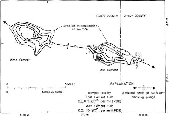 Diagram of Dr. Donovan's theory relating C-13 and C-12 in the Cement Field at the southeast edge of Anadarko Basin.