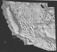 Shaded relief topographic map of California, Nevada, Arizona, and Utah.