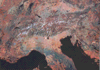 Color Landsat mosaic image of the Alps across southern Europe.