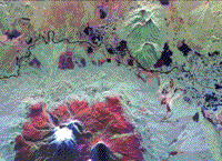 False color composite SIR-C image of the Kliechevskoi Volcano in Kamchatka.