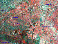 Color composite ERS SAR image of Sevilla, Spain, taken across several dates from both the ERS-1 and ERS-2 sensors.