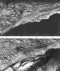 Comparison of two B/W images, one produced by Seasat and the other by SIR-A, of the California coast and mountain ranges near Santa Barbara.