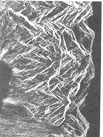 Example B/W image of foreshortening in mountainous terrain.
