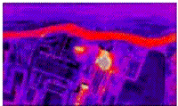 Colorized thermogram of a residential block of buildings.