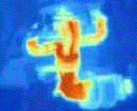 Colorized thermogram of a pipe fitting.